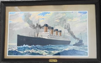 Cunard Line Aquitania Lithograph Signed G.T. Inc. On Lower Right