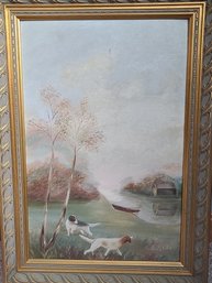 Oil On Board Painting Of Dogs By A Stream Signed W.S. Freeman On Lower Right