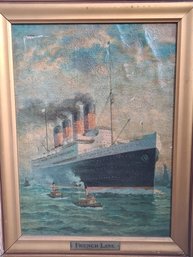 Rare, 1915 Titanic Era French Line Steam Ship Print On Canvas Lining