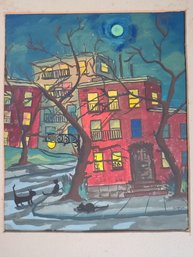 1949, Gouache Painting Signed By Ruth Erickson Thompson - Cats And Buildings At Night