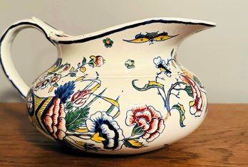 Squat, Antique Japanese Water Pitcher With Bird, Flower & Butterfly Decoration