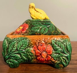 Majolica Covered Bowl With Bird Finial Cover