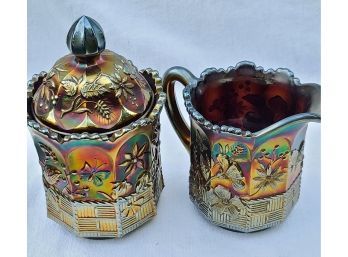 Northwood Carnival Glass Sugar And Creamer, Butterfly