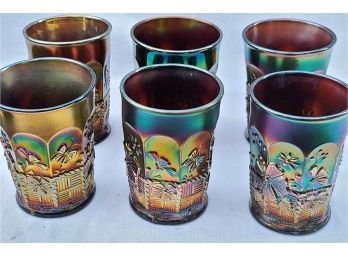 Lot Of 6, Northwood Carnival Glass Butterfly Tumblers