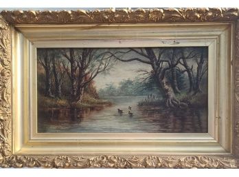 1843, Signed Oil On Canvas By Alice Eldridge - Swimming Ducks