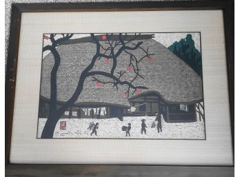 Saito Kiyoshi Signed, Original Japanese Woodblock - ' Farmhouse And Persimmon Tree'