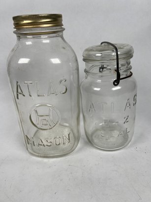 Vintage Lot Of Two Atlas Mason Canning Jars Clear Glass Antique