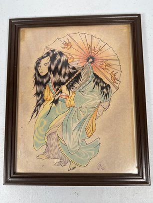 Vintage Pencil Painting Of An Asian Woman With Sun Umbrella Signed J.C. 95