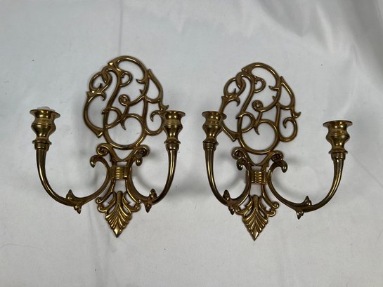Pair Of Vintage Wall Sconce Candle Holders Solid Brass Double Arm