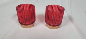 Red Glass & Gold Candle Holder Set Of 2