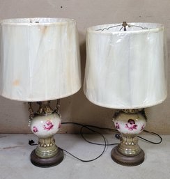 Pair Of Vintage Porcelain Urn Lamp With Gold Colored Outlines And Guilded Hand