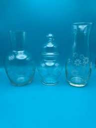 Group Of Three MCM Etched Clear Glass Vases And Jinger Jar