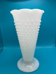 Vintage Tall Hobnail Milk Glass Vase W/Ruffled Edge, Footed 9 1/2' Tall