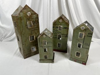 Set Of 4 Rustic Country Farmhouse Military Green Metal House Shaped Candle Holders