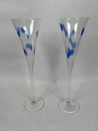 Set Of 2 11' Clear Glass Champagne Flutes With Cobalt Blue Confetti Spots