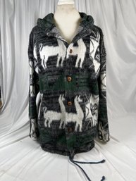 Aztec Lama Wool Button Up Hooded Sweater Jacket Size L/XL?