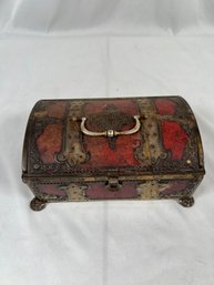 Vintage Metal Storage Box With Lot Of Pins, Keychains Etc.