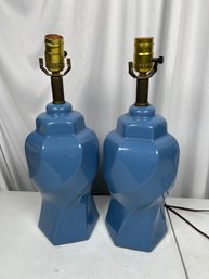 Pair Of Vintage Gorgeous Swirl Blue Porcelain Table Lamps