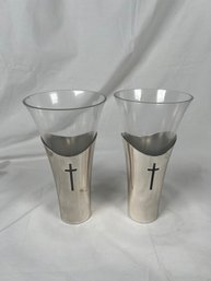 Pair Of Teleflora Silver Sacred Cross Vase