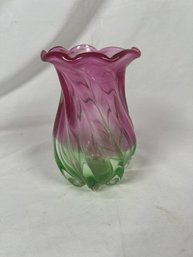 Vintage Teleflora Cranberry Watermelon Green Swirl Ruffled Edge Vase