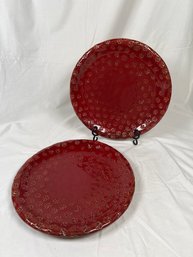 Pair Of Pier 1 Huge Imports Stoneware Round Blossom Serving Plate Dish Platter 13 Large