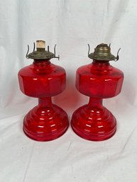 Pair Of Vintage Ruby Red Flash Glass Hurricane 12 Eagle Oil Lamps No Chimney