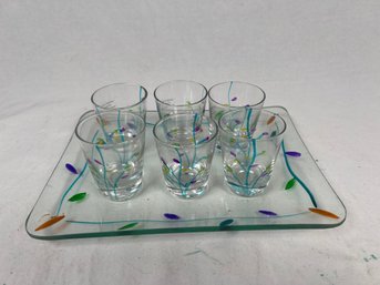 Set Of 6 Hand Painted Shot Glasses & Snack Plate Flowered Shooters Never Used