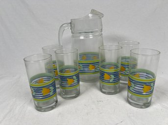 Vintage 1 Pitcher & 6 Tumblers Set Stripes And Tulips