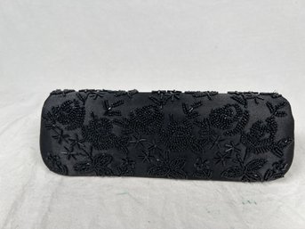 Black Beaded Evening Bag Satin 9x5x2 Hard Shell Clutch