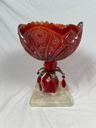 Large Pedestal Bowl Daisy And Button Sunset Carnival Imperial Glass Company With Marble Base