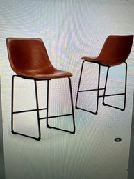 Brown Faux Leather Bar Stools Set Of 2, Counter Height Bar Stools With Back, Modern