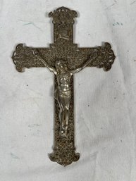 Vtg Ornate Silver Tone Metal Cross JESUS Wall CRUCIFIX Religious 8'