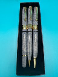 Vintage Set Of Pierre Cardin Blue Speckled Marbleized Rollerball, Pen & Pencil