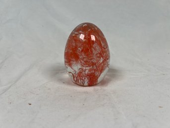 Art Glass Paperweight Egg Shape With Red Swirls