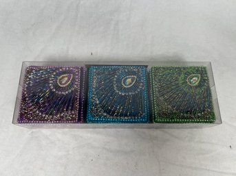 PIER 1 3 Mini Boxes Trinket Boxes Jeweled - Feathers 2 1/2'x2 1/2'x1 34' NEW