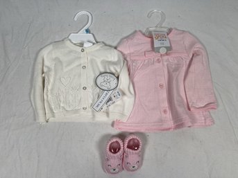 Two Girl Baby Cardigans And Knitted Shoes