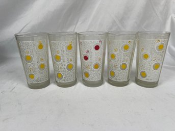 Lot Of 5 MCM Bar Drink Glasses Yellow & Red Dots White Scroll Vintage 10 Oz 5.25 Tall