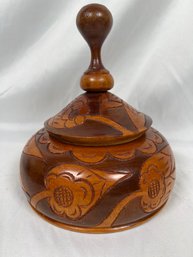 Vintage Hand Carved Wood Bowl With Lid Floral 8'