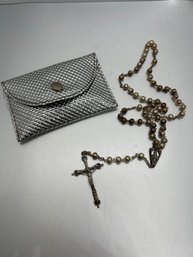 Vintage Silver? Rosary Prayer Beads Religious Jewelry Necklace In A Pouch