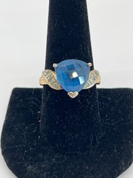 Vintage Silver Gold Plated? Ring With Blue Topaz Side 9.75