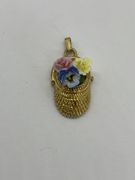 Vintage Goldtone 3D Porcelain Flower Basket Bouquet Pendant