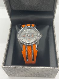 WildLife Heidi Klum Black Dial Crystal Accent Round Case Orange Band Watch New