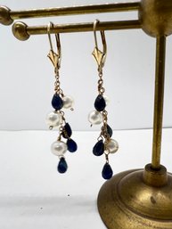 Unusual Vintage 14K Yellow Gold Pearl & Topaz Drop Earrings