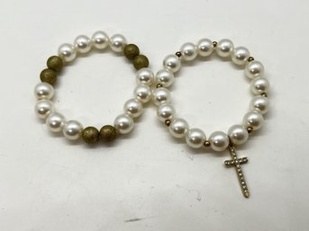 Two Elastic Beaded White Faux Perls Bracelet