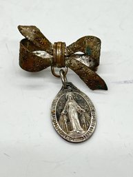 Vintage Catholic Miraculous Mary Religious Medal Bow Pin