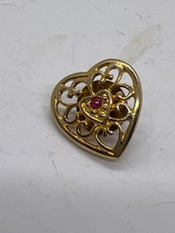 Vintage Harriet Carter Ruby Filigree Heart Lapel Pin Gold Tone