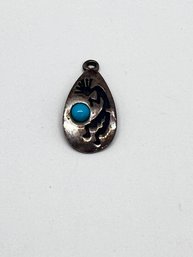 Vintage Navajo Sterling Silver Turquoise Kokopelli Charm Pendant - Signed Running Bear RB