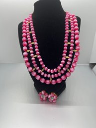 Pink 3 Strand Plastic Clip On Earrings And Necklace Set