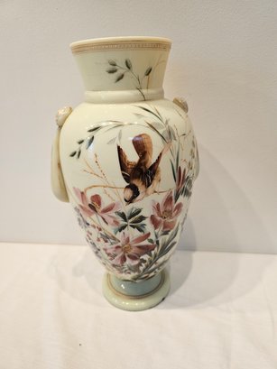 Bohemian Uranium Glass Hand Painted Bird Vase