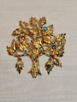 18k Gold Tree Brooch With Stones